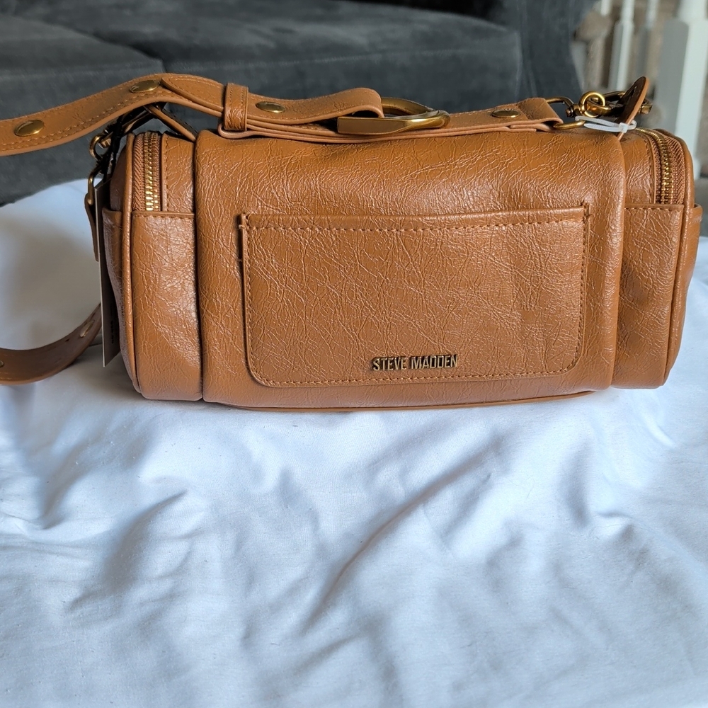 Steve Madden Tan Barrel Duffel Bag with Gold Hardware